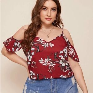 3X SHEIN Red floral cold shoulder top